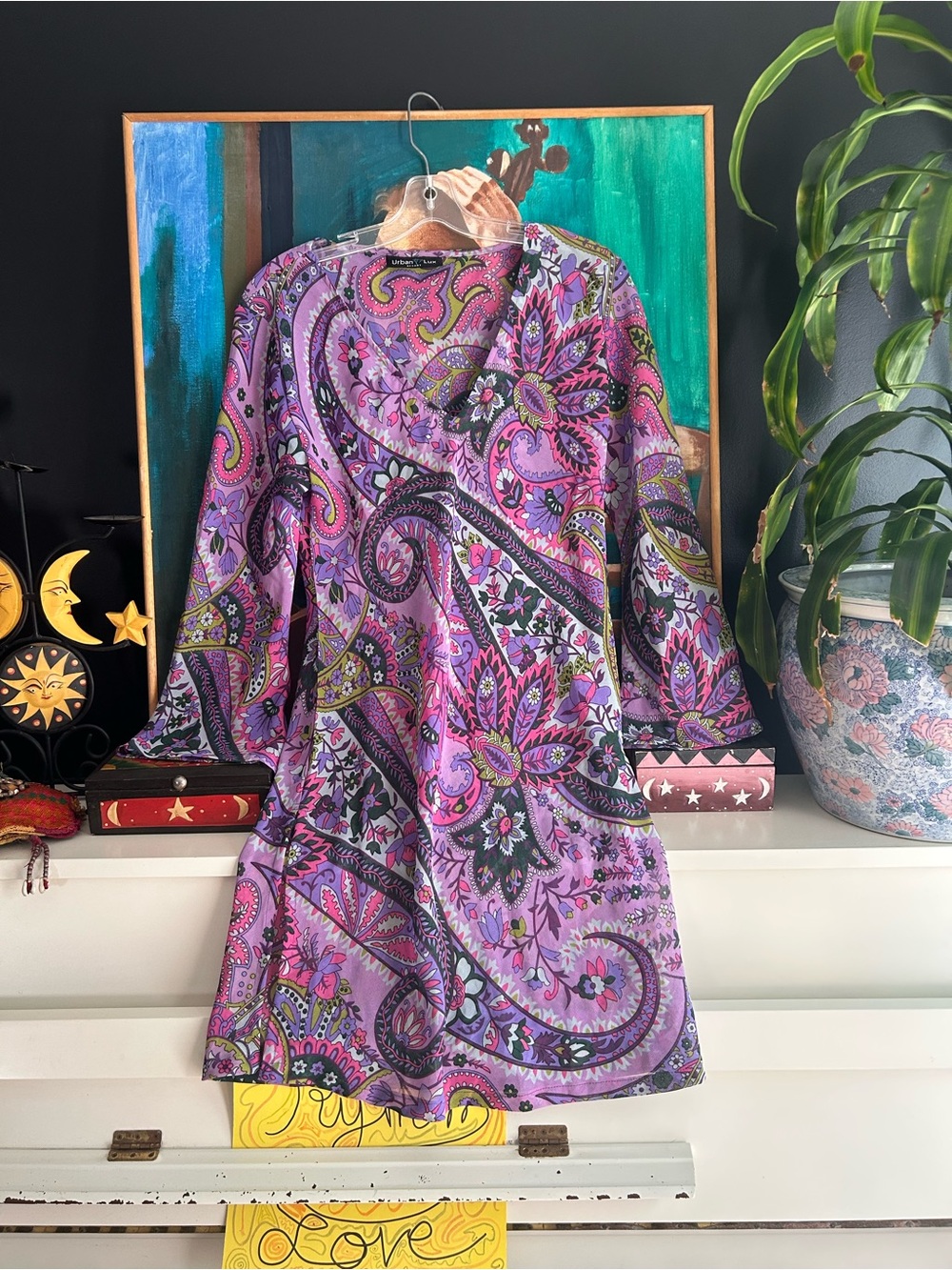 Urban Lux Resort One Size Paisley Tunic Dress Y2K Boho Bell Sleeve Pink